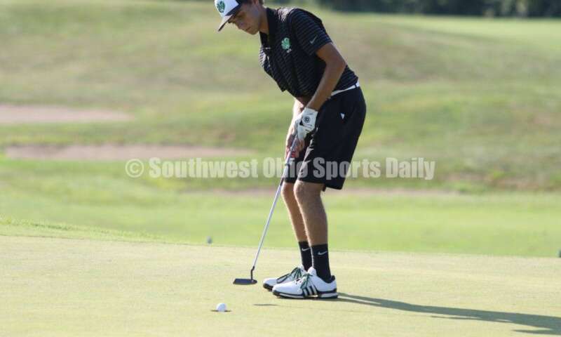Badin High School's Nick Young makes a putt Aug. 15, 2019, during a dual golf match against Ross at Indian Ridge Golf Club. RICK CASSANO/STAFF