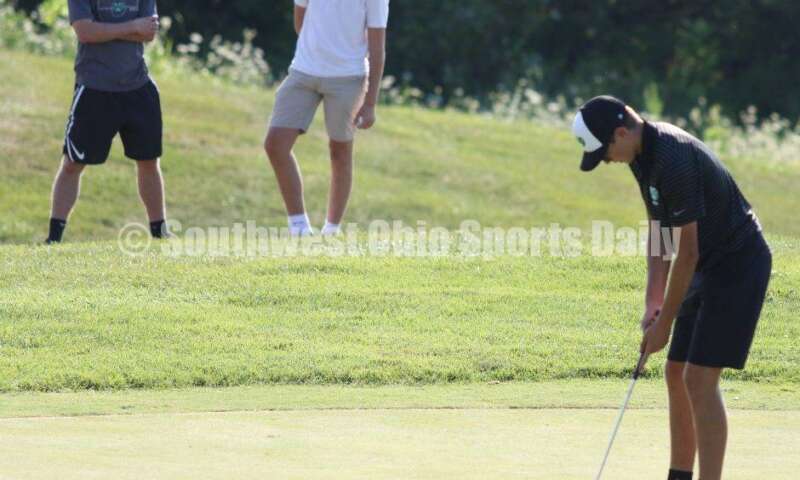 Badin High School's Andrew Larkin has a gallery watching his putt Aug. 15, 2019, during a dual golf match against Ross at Indian Ridge Golf Club. RICK CASSANO/STAFF