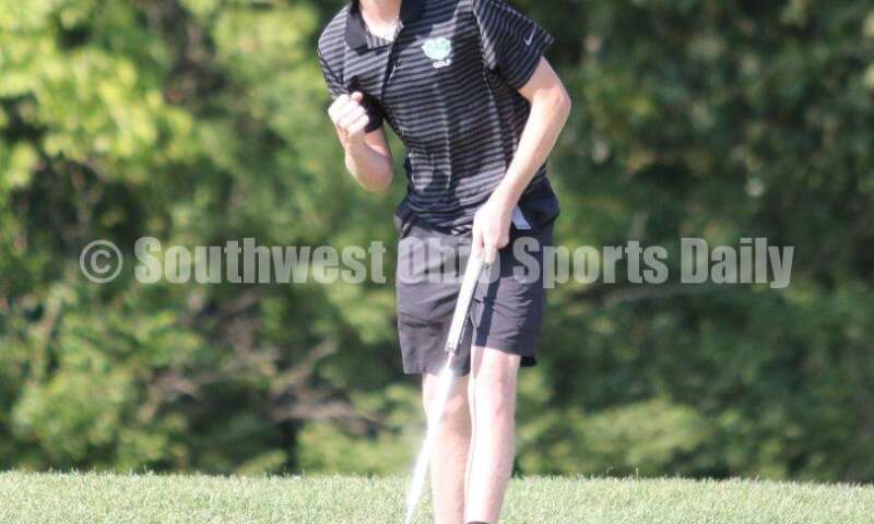 Badin High School's Kaiden Morris reacts after sinking a putt Aug. 15, 2019, during a dual golf match against Ross at Indian Ridge Golf Club. RICK CASSANO/STAFF