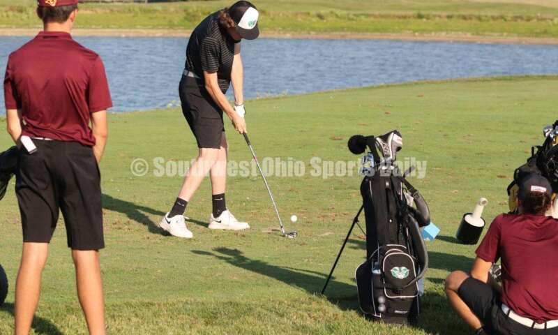 Badin High School's Kaiden Morris tees off Aug. 15, 2019, during a dual golf match against Ross at Indian Ridge Golf Club. RICK CASSANO/STAFF