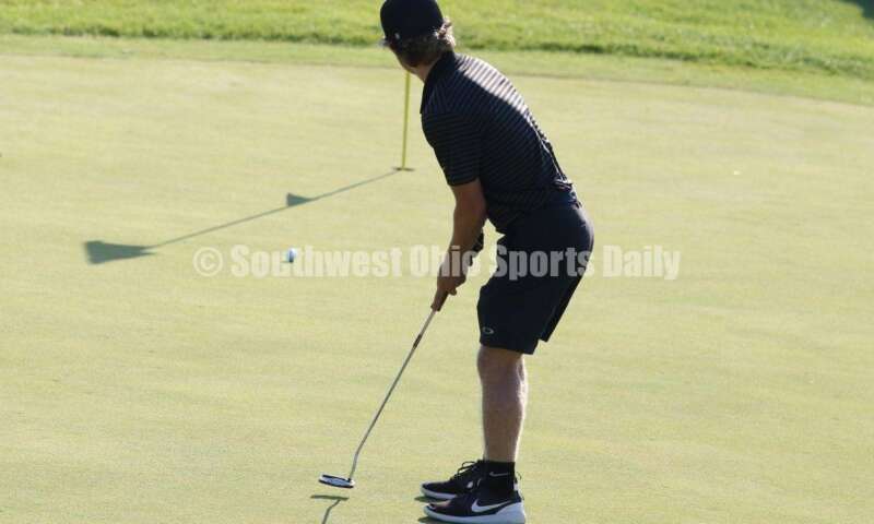 Badin High School's Brady Reichart rolls a putt toward the hole Aug. 15, 2019, during a dual golf match against Ross at Indian Ridge Golf Club. RICK CASSANO/STAFF