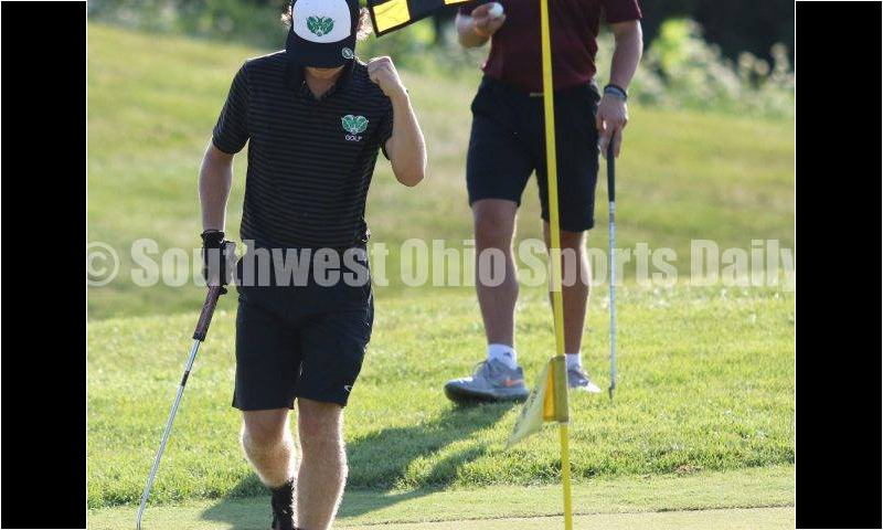 Badin High School's Brady Reichart reacts after making a putt Aug. 15, 2019, during a dual golf match against Ross at Indian Ridge Golf Club. RICK CASSANO/STAFF