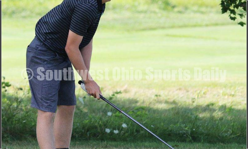 Badin High School's Andrew Schwartz eyes his tee shot Aug. 15, 2019, during a dual golf match against Ross at Indian Ridge Golf Club. RICK CASSANO/STAFF