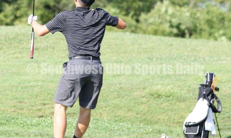 Badin High School's Andrew Schwartz reacts after just missing a putt Aug. 15, 2019, during a dual golf match against Ross at Indian Ridge Golf Club. RICK CASSANO/STAFF