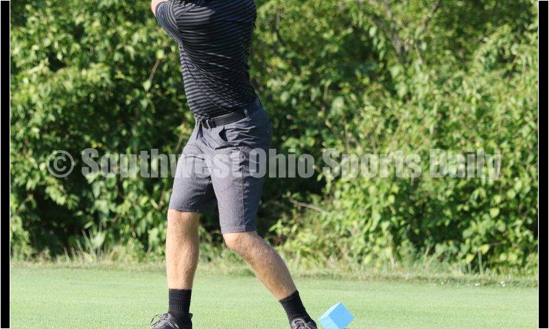 Badin High School's Andrew Schwartz winds up for a tee shot Aug. 15, 2019, during a dual golf match against Ross at Indian Ridge Golf Club. RICK CASSANO/STAFF