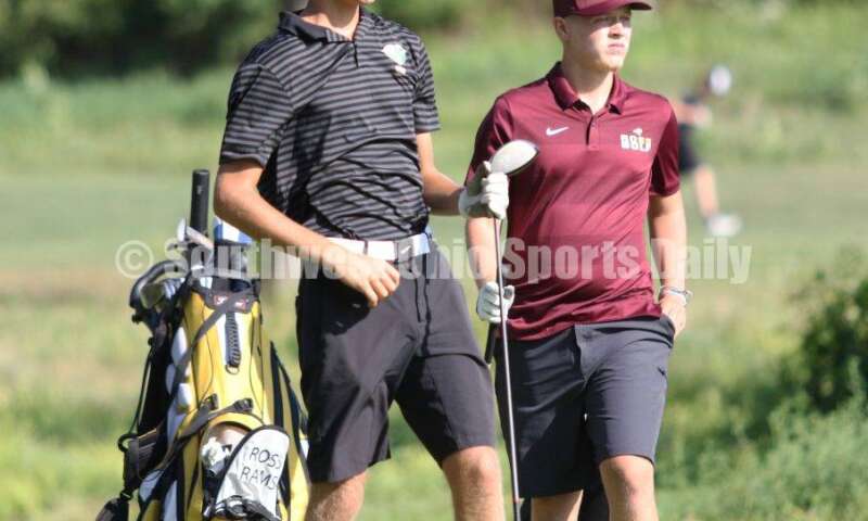 Badin High School's Nick Young reacts to a shot Aug. 15, 2019, during a dual golf match against Ross at Indian Ridge Golf Club. RICK CASSANO/STAFF