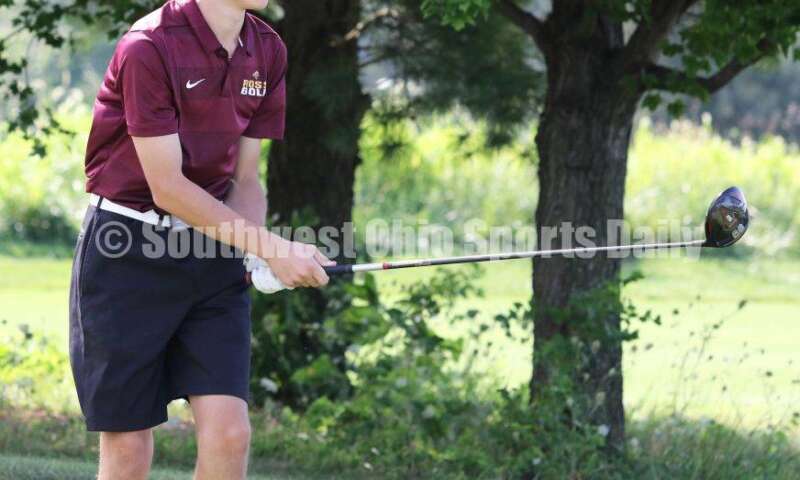 Ross High School's Nick Chernock watches his tee shot Aug. 15, 2019, during a dual golf match against Badin at Indian Ridge Golf Club. RICK CASSANO/STAFF