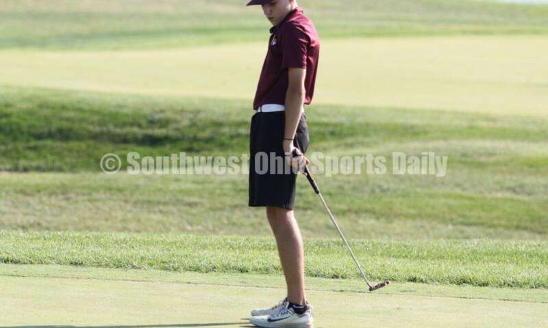 Ross High School's Nick Chernock reacts to a missed putt Aug. 15, 2019, during a dual golf match against Badin at Indian Ridge Golf Club. RICK CASSANO/STAFF