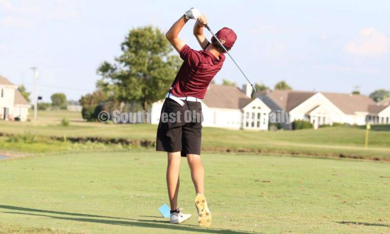 Ross High School's Nick Chernock delivers a tee shot Aug. 15, 2019, during a dual golf match against Badin at Indian Ridge Golf Club. RICK CASSANO/STAFF