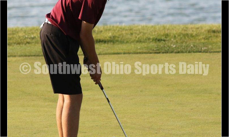 Ross High School's Nick Chernock drains a putt Aug. 15, 2019, during a dual golf match against Badin at Indian Ridge Golf Club. RICK CASSANO/STAFF