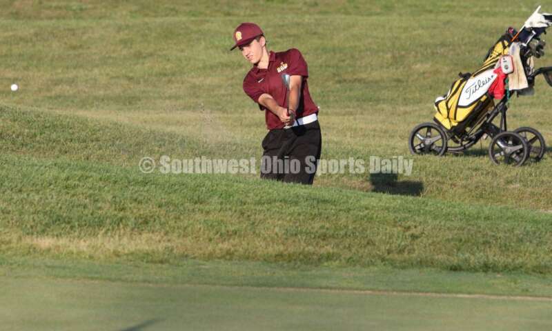 Ross High School's Nick Chernock hits out of a sand trap Aug. 15, 2019, during a dual golf match against Badin at Indian Ridge Golf Club. RICK CASSANO/STAFF