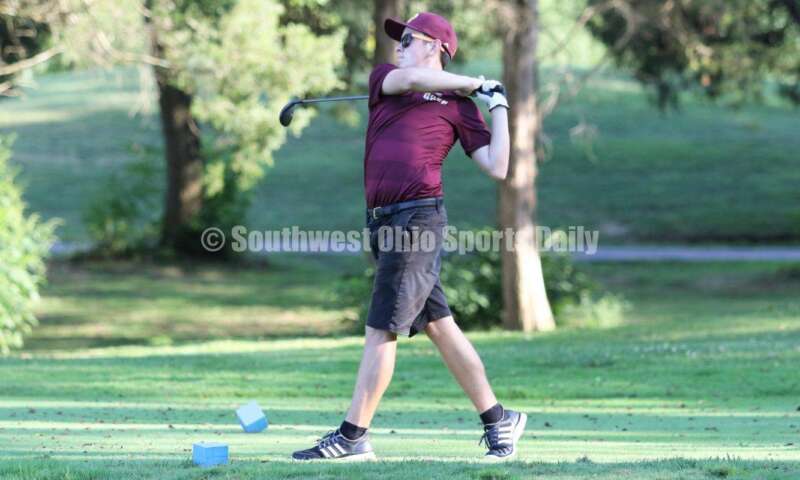 Ross High School's Adam Fisher rips a tee shot Aug. 15, 2019, during a dual golf match against Badin at Indian Ridge Golf Club. RICK CASSANO/STAFF