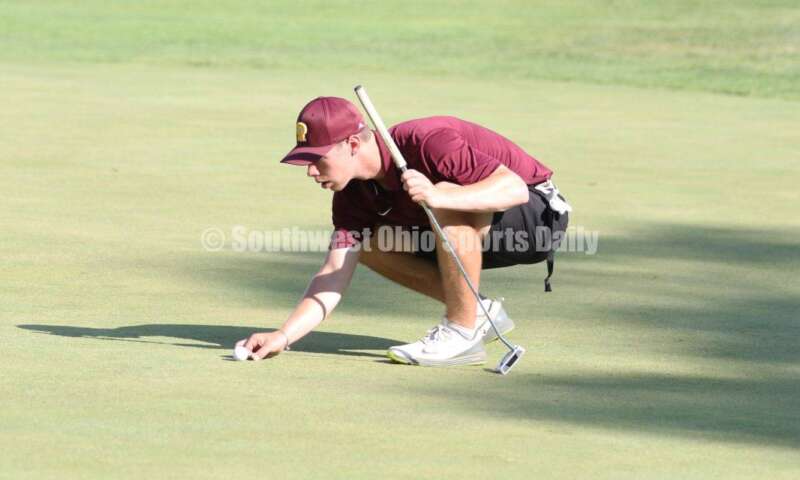 Ross High School's Cole Gronas lines up a putt Aug. 15, 2019, during a dual golf match against Badin at Indian Ridge Golf Club. RICK CASSANO/STAFF
