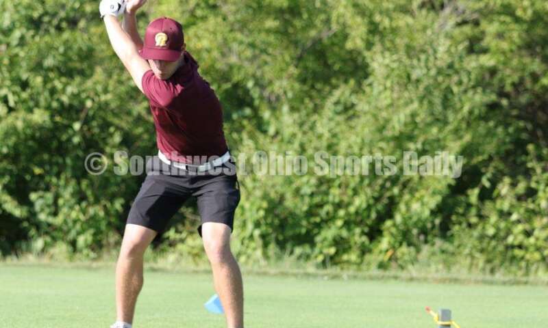Ross High School's Cole Gronas is about to hit off the tee Aug. 15, 2019, during a dual golf match against Badin at Indian Ridge Golf Club. RICK CASSANO/STAFF