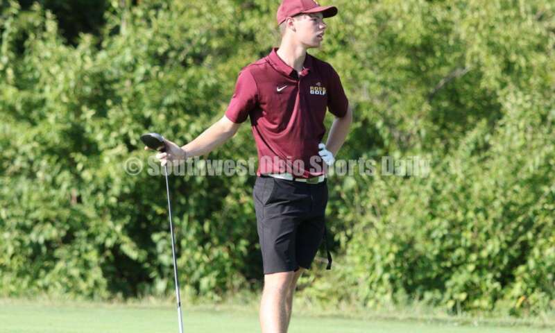 Ross High School's Cole Gronas watches his tee shot Aug. 15, 2019, during a dual golf match against Badin at Indian Ridge Golf Club. RICK CASSANO/STAFF