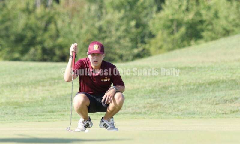 Ross High School's Logan Hollander lines up a putt Aug. 15, 2019, during a dual golf match against Badin at Indian Ridge Golf Club. RICK CASSANO/STAFF
