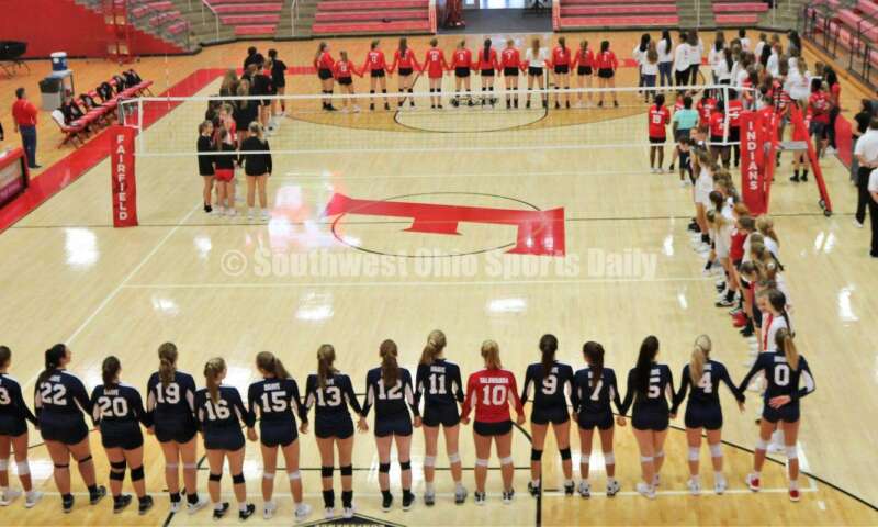 A scene from Fairfield High School's volleyball match against visiting Talawanda on Sept. 9, 2019, at the Fairfield Arena. The host Indians won 25-17, 25-15, 25-18. MARK BRAAM/FAIRFIELD JOURNALISM INSTRUCTOR