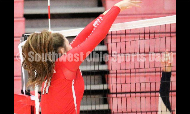 Fairfield High School's Arica Thies (11) makes a block at the net Sept. 9, 2019, during a volleyball match against Talawanda at the Fairfield Arena. The host Indians won 25-17, 25-15, 25-18. MARK BRAAM/FAIRFIELD JOURNALISM INSTRUCTOR