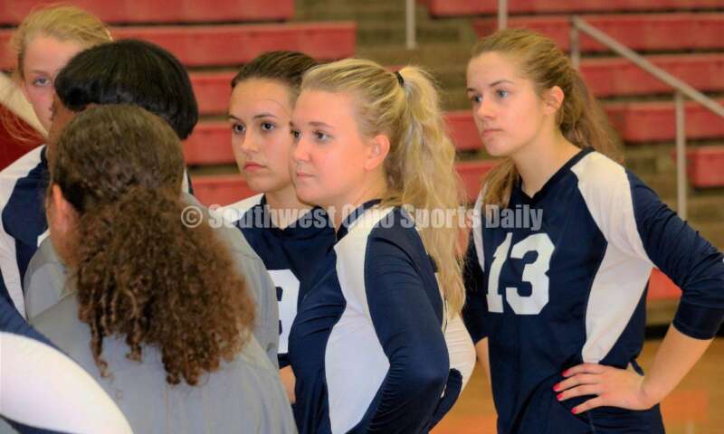 Talawanda High School's Kinsey Kirkpatrick (13) is part of a huddle Sept. 9, 2019, during a volleyball match against Fairfield at the Fairfield Arena. The host Indians won 25-17, 25-15, 25-18. MARK BRAAM/FAIRFIELD JOURNALISM INSTRUCTOR