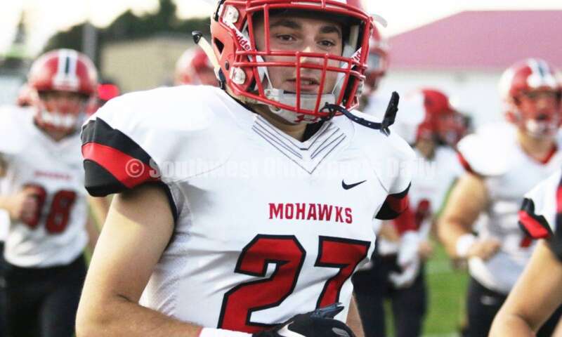 Madison High School's Gabe Higgs (27) takes the field Oct. 3, 2019, before a Southwestern Buckeye League football game at Dixie. The visiting Mohawks won 48-13. RICK CASSANO/STAFF