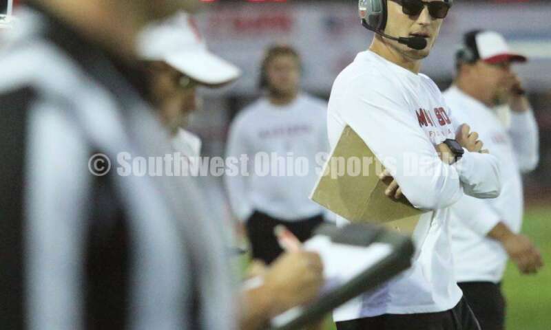 Madison High School coach Ricky Davis works the sideline Oct. 3, 2019, during a Southwestern Buckeye League football game at Dixie. The visiting Mohawks won 48-13. RICK CASSANO/STAFF