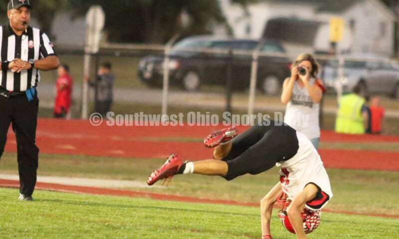 Madison High School's Chase Patrick tumbles after a long pass went over his head Oct. 3, 2019, during a Southwestern Buckeye League football game at Dixie. The visiting Mohawks won 48-13. RICK CASSANO/STAFF