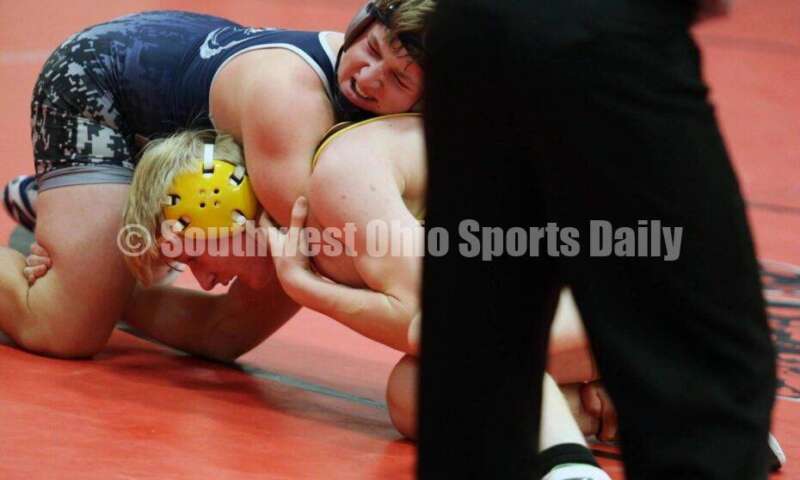 Blanchester High School's Adam Frump is on top of Ethan Boyle of Ross at 160 pounds Jan. 13, 2021, during a dual wrestling match at New Richmond. RICK CASSANO/STAFF