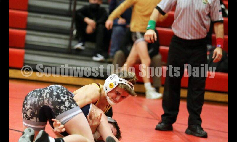 Ross High School's Jaiden Earls controls Blanchester's Aidan Begley at 120 pounds Jan. 13, 2021, during a dual wrestling match at New Richmond. RICK CASSANO/STAFF