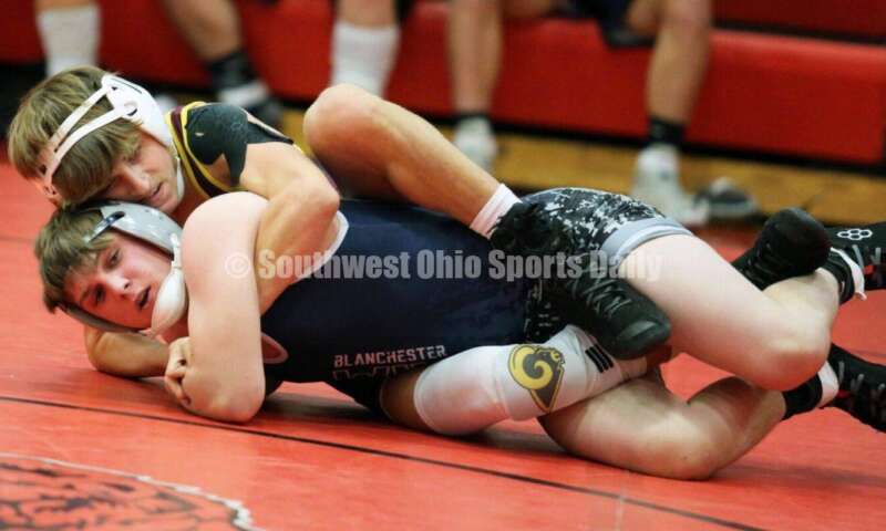 Ross High School's Jaiden Earls controls Blanchester's Aidan Begley at 120 pounds Jan. 13, 2021, during a dual wrestling match at New Richmond. RICK CASSANO/STAFF