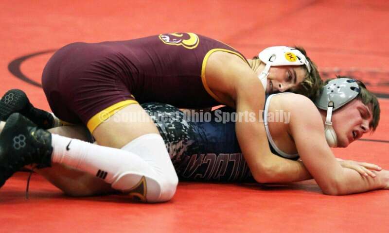 Ross High School's Jaiden Earls controls Blanchester's Aidan Begley at 120 pounds Jan. 13, 2021, during a dual wrestling match at New Richmond. RICK CASSANO/STAFF
