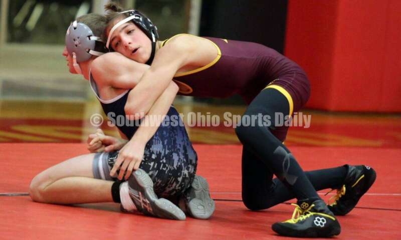 Ross High School's Jovanni Greco handles Blanchester's Hunter Smith at 106 pounds Jan. 13, 2021, during a dual wrestling match at New Richmond. RICK CASSANO/STAFF