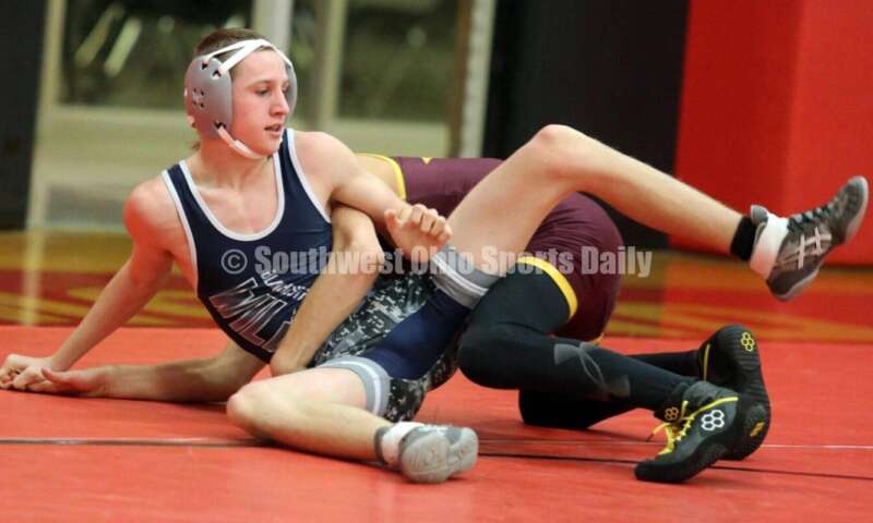 Blanchester High School's Hunter Smith is controlled by Jovanni Greco of Ross at 106 pounds Jan. 13, 2021, during a dual wrestling match at New Richmond. RICK CASSANO/STAFF