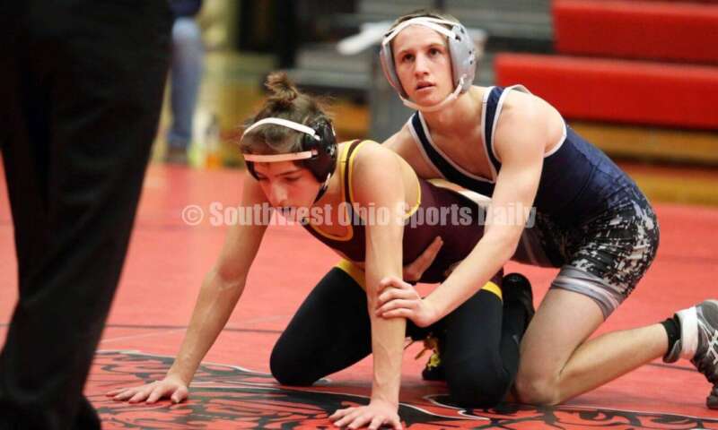Blanchester High School's Hunter Smith holds Jovanni Greco of Ross at 106 pounds Jan. 13, 2021, during a dual wrestling match at New Richmond. RICK CASSANO/STAFF