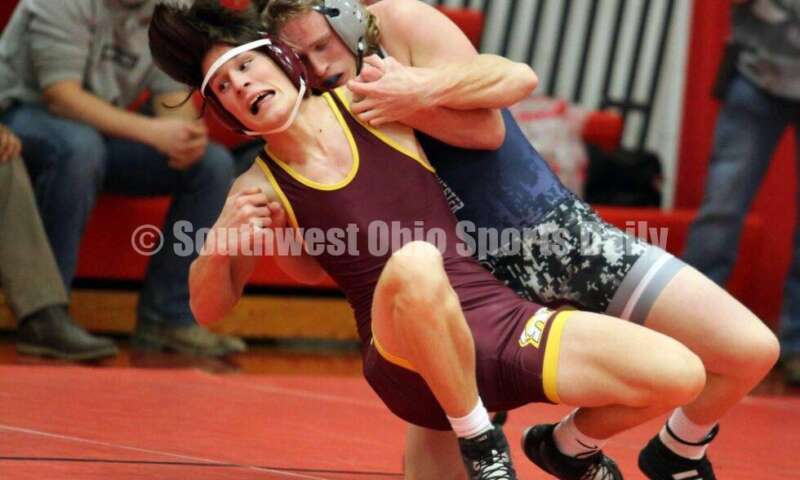 Blanchester High School's Bryan Bandow (right) controls Oliver Severance of Ross at 145 pounds Jan. 13, 2021, during a dual wrestling match at New Richmond. RICK CASSANO/STAFF
