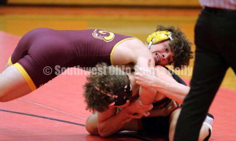 Ross High School's Sean Beltran is on top of New Richmond's Griffin Ross at 152 pounds Jan. 13, 2021, during a dual wrestling match at New Richmond. RICK CASSANO/STAFF