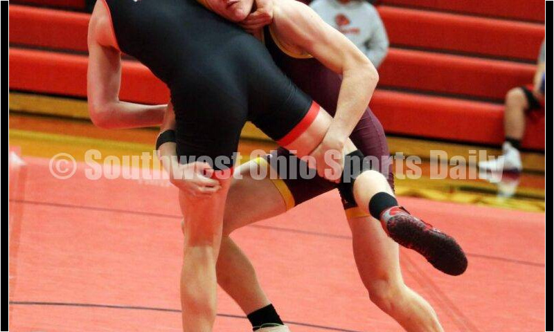 Ross High School's Ethan Boyle (right) battles New Richmond's Nathan Kennedy at 160 pounds Jan. 13, 2021, during a dual wrestling match at New Richmond. RICK CASSANO/STAFF