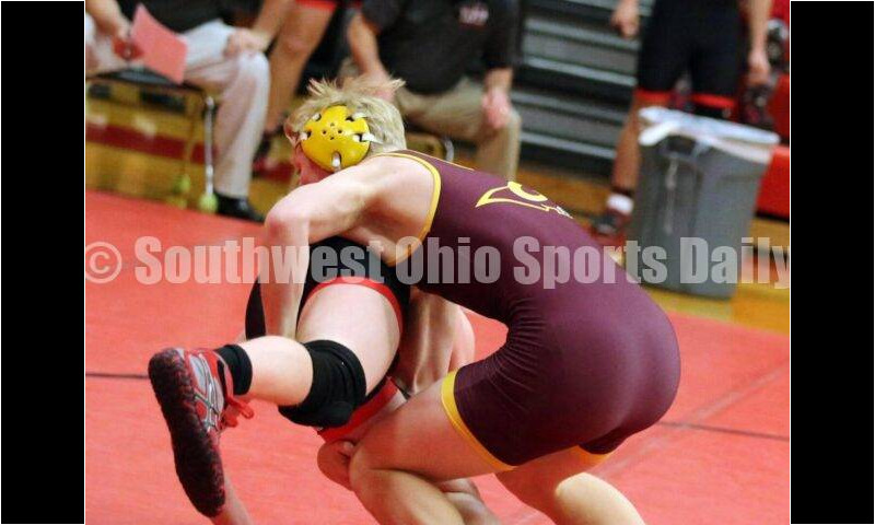 Ross High School's Ethan Boyle (right) competes with New Richmond's Nathan Kennedy at 160 pounds Jan. 13, 2021, during a dual wrestling match at New Richmond. RICK CASSANO/STAFF