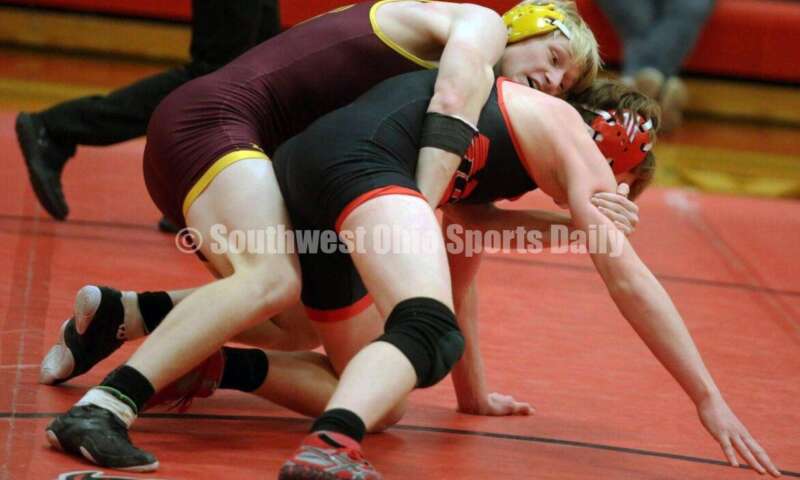 Ross High School's Ethan Boyle controls New Richmond's Nathan Kennedy at 160 pounds Jan. 13, 2021, during a dual wrestling match at New Richmond. RICK CASSANO/STAFF