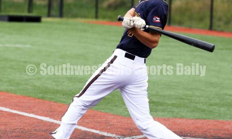 Badin High School's Ben Marischen connects with the ball for Sluggers Baseball Club on June 25, 2021, during Pastime Tournaments' Ohio Valley 17U/18U Wood Bat Classic at New Richmond. The Sluggers lost to the Cincinnati Impact 3-2. RICK CASSANO/STAFF
