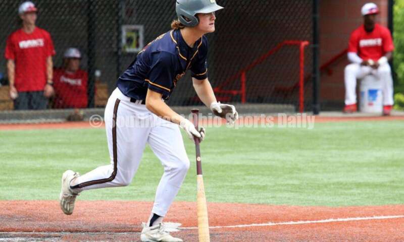 Badin High School's Cooper Fiehrer heads toward first base for Sluggers Baseball Club on June 25, 2021, during Pastime Tournaments' Ohio Valley 17U/18U Wood Bat Classic at New Richmond. The Sluggers lost to the Cincinnati Impact 3-2. RICK CASSANO/STAFF