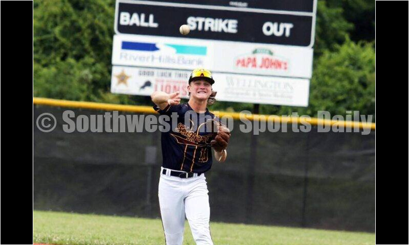 Badin High School's Cooper Fiehrer throws to first base for Sluggers Baseball Club on June 25, 2021, during Pastime Tournaments' Ohio Valley 17U/18U Wood Bat Classic at New Richmond. The Sluggers lost to the Cincinnati Impact 3-2. RICK CASSANO/STAFF