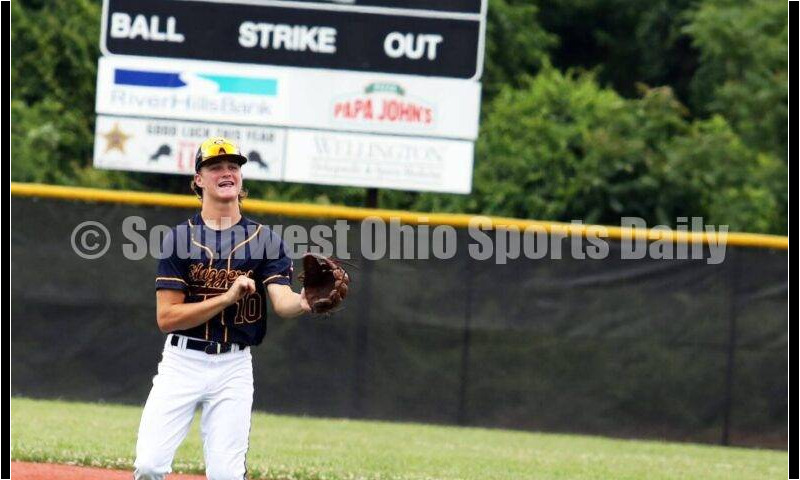 Badin High School's Cooper Fiehrer watches his throw to first base for Sluggers Baseball Club on June 25, 2021, during Pastime Tournaments' Ohio Valley 17U/18U Wood Bat Classic at New Richmond. The Sluggers lost to the Cincinnati Impact 3-2. RICK CASSANO/STAFF