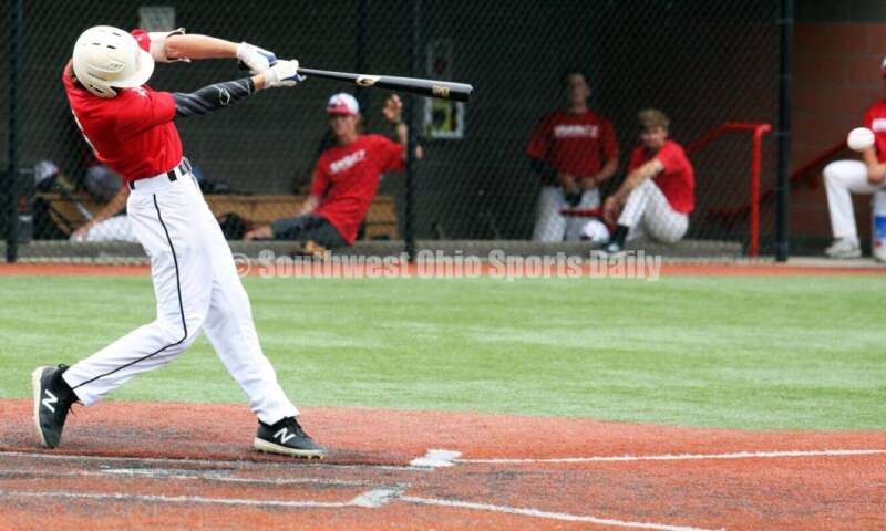 Villa Madonna (Ky.) Academy's Colin McLagan connects with the ball for the Cincinnati Impact on June 25, 2021, during Pastime Tournaments' Ohio Valley 17U/18U Wood Bat Classic at New Richmond. The Impact beat Sluggers Baseball Club 3-2. RICK CASSANO/STAFF