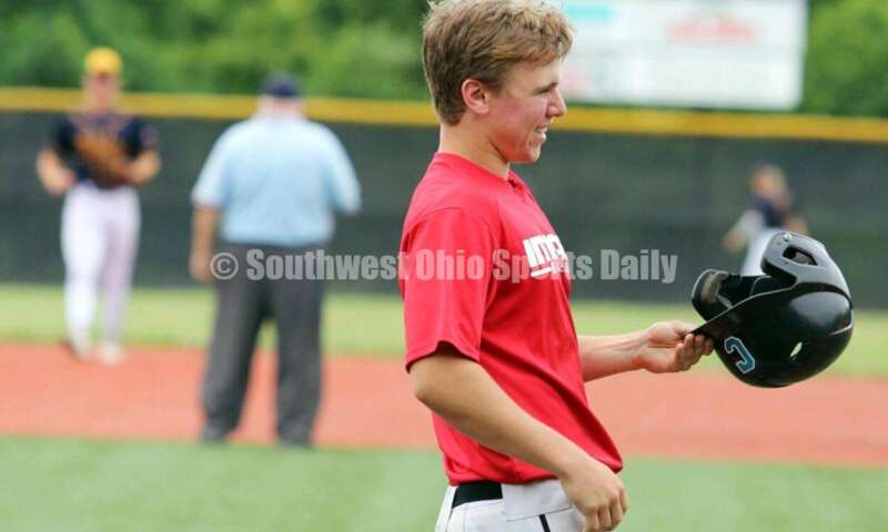 Lakota East High School's Will Becker reacts to a hard out for the Cincinnati Impact on June 25, 2021, during Pastime Tournaments' Ohio Valley 17U/18U Wood Bat Classic at New Richmond. The Impact beat Sluggers Baseball Club 3-2. RICK CASSANO/STAFF