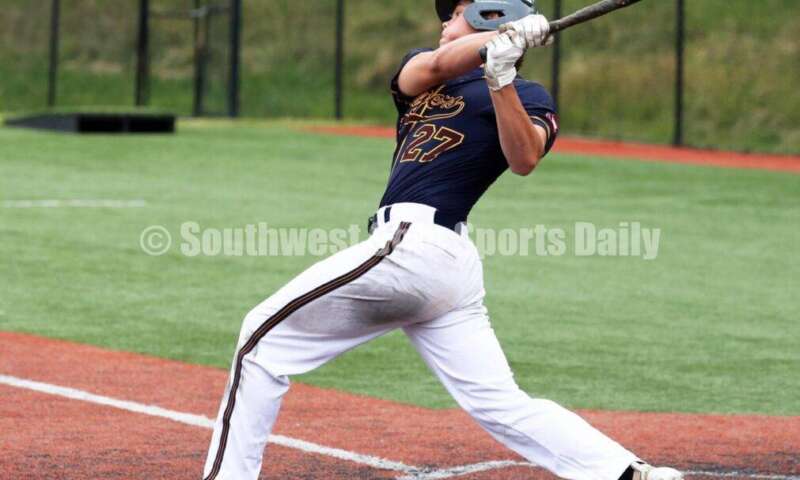 Badin High School's Luke McLaughlin takes a big swing at the plate for Sluggers Baseball Club on June 25, 2021, during Pastime Tournaments' Ohio Valley 17U/18U Wood Bat Classic at New Richmond. The Sluggers lost to the Cincinnati Impact 3-2. RICK CASSANO/STAFF