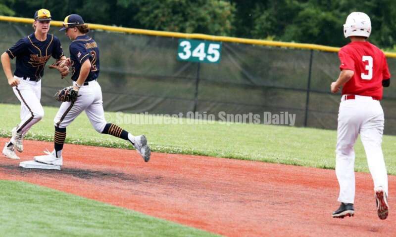 Edgewood High School's Kaden Davidson (2) gets the force out at second base for Sluggers Baseball Club as Lakota West's Ben Kiker heads toward the bag for the Cincinnati Impact on June 25, 2021, during Pastime Tournaments' Ohio Valley 17U/18U Wood Bat Classic at New Richmond. The Sluggers lost to the Impact 3-2. RICK CASSANO/STAFF