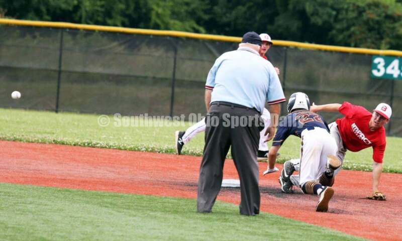 Lakota East High School's Will Becker eyes a throw for the Cincinnati Impact as Edgewood's Jake Lange slides into second base for Sluggers Baseball Club on June 25, 2021, during Pastime Tournaments' Ohio Valley 17U/18U Wood Bat Classic at New Richmond. The Impact won 3-2. RICK CASSANO/STAFF