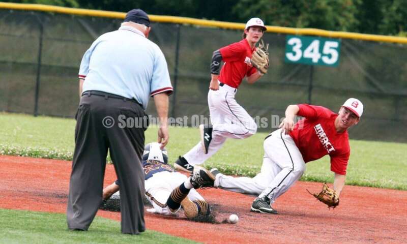Lakota East High School's Will Becker eyes a throw for the Cincinnati Impact as Edgewood's Jake Lange slides into second base for Sluggers Baseball Club on June 25, 2021, during Pastime Tournaments' Ohio Valley 17U/18U Wood Bat Classic at New Richmond. The Impact won 3-2. RICK CASSANO/STAFF