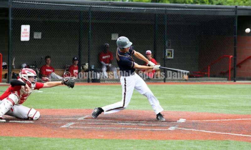 Badin High School's Ben Marischen connects with the ball for Sluggers Baseball Club on June 25, 2021, during Pastime Tournaments' Ohio Valley 17U/18U Wood Bat Classic at New Richmond. The Sluggers lost to the Cincinnati Impact 3-2. RICK CASSANO/STAFF