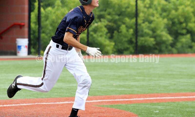Badin High School's Ben Marischen runs toward first base for Sluggers Baseball Club on June 25, 2021, during Pastime Tournaments' Ohio Valley 17U/18U Wood Bat Classic at New Richmond. The Sluggers lost to the Cincinnati Impact 3-2. RICK CASSANO/STAFF